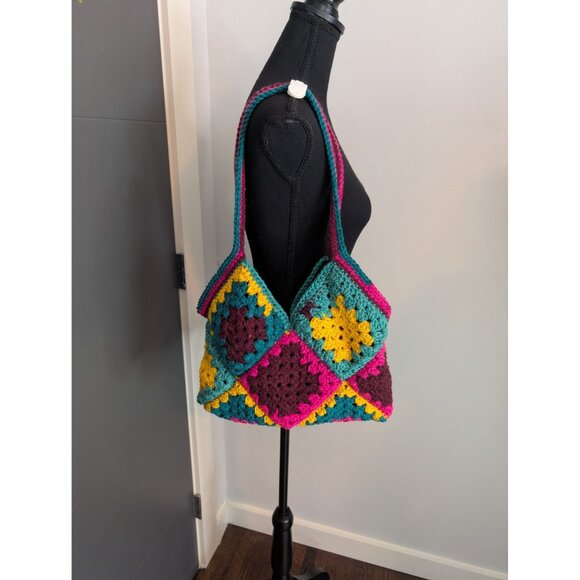 Handmade Multicolor Crochet Granny Square Lined Tote Bag With Patchwork Design - Picture 2 of 9